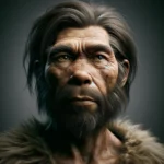 A professional studio portrait of a Neanderthal man, featuring rugged facial features, unkempt hair, and a fur garment, lit dramatically against a blurred gray background.