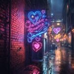 A photorealistic neon sign in glowing hues of blue, pink, and purple, mounted on a brick wall in a nighttime city scene.