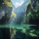 A hidden turquoise lake surrounded by moss-covered cliffs and lush vegetation, with dappled sunlight filtering through.