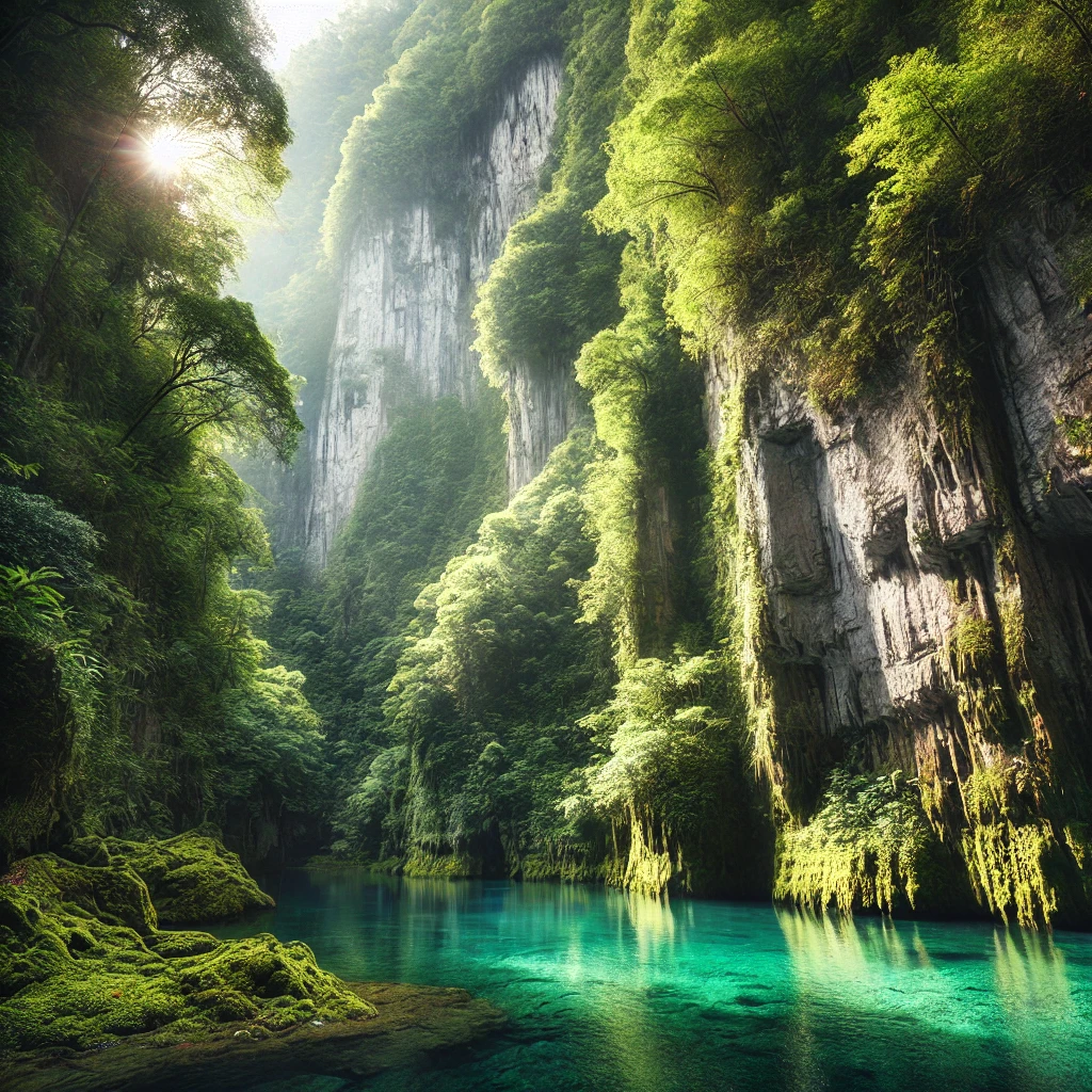 A lush valley with a turquoise lake, surrounded by moss-covered cliffs and sunlight filtering through cracks in the rocks.