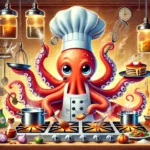 An octopus chef wearing a tall hat and apron, multitasking with its arms in a bustling kitchen filled with vibrant ingredients and glowing cooking gadgets.