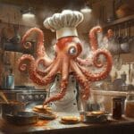 An octopus chef wearing a tall hat and apron, multitasking with its arms in a bustling kitchen filled with vibrant ingredients and glowing cooking gadgets.