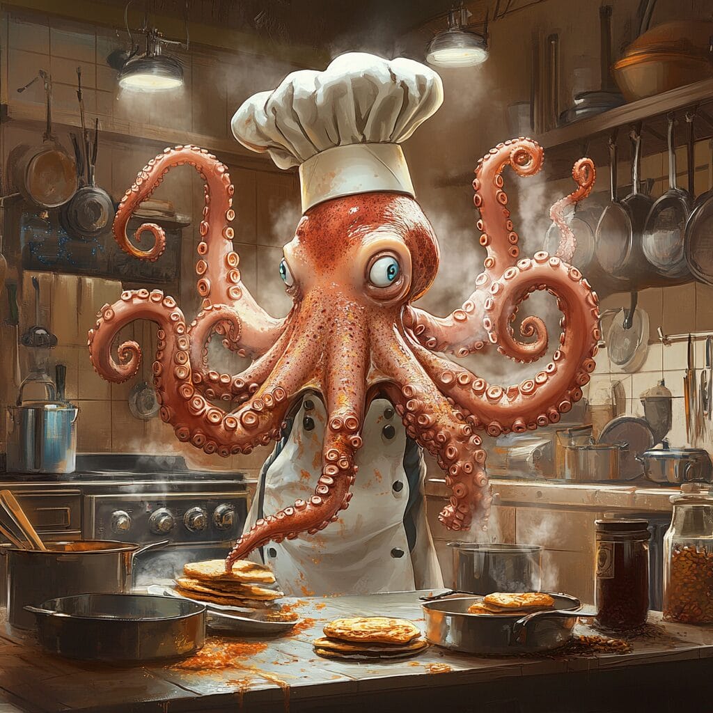 An octopus chef wearing a tall hat and apron, multitasking with its arms in a bustling kitchen filled with vibrant ingredients and glowing cooking gadgets.