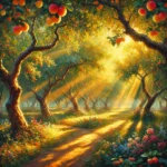 A tranquil orchard bathed in sunlight, with vibrant fruits and soft shadows, painted in an Impressionist style.