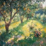 A sunlit orchard with dappled light filtering through green leaves, vibrant fruits, and soft golden shadows on the ground.