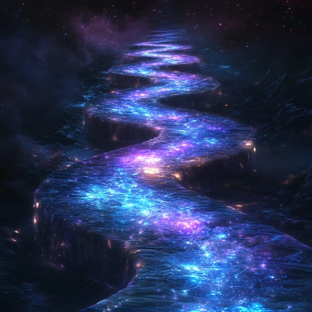 An infinite glowing pathway resembling a Moebius strip, suspended in a dark void with mist and distant stars.