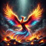 A vibrant phoenix rising from ashes with glowing feathers in fiery hues and embers swirling in a smoky background.