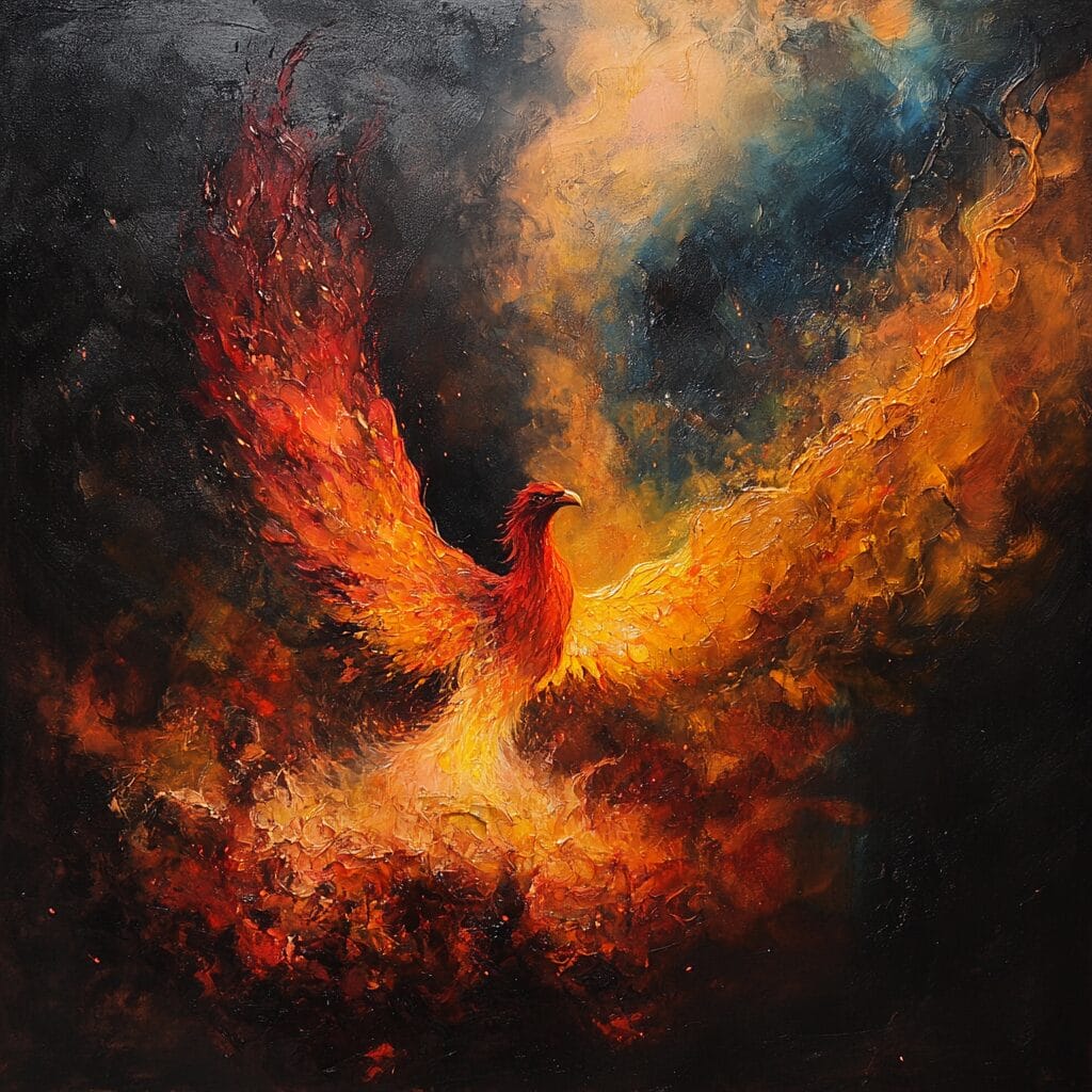 A phoenix with fiery iridescent feathers rising from glowing ashes, spreading light and embers in a smoky sky.