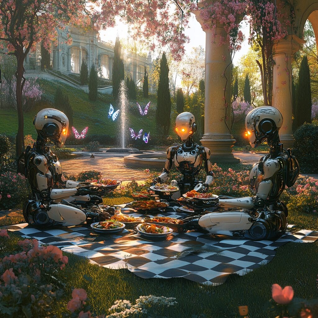 Humanoid robots with sleek designs having a picnic in a romantic garden, surrounded by flowers and holographic butterflies under soft sunlight.