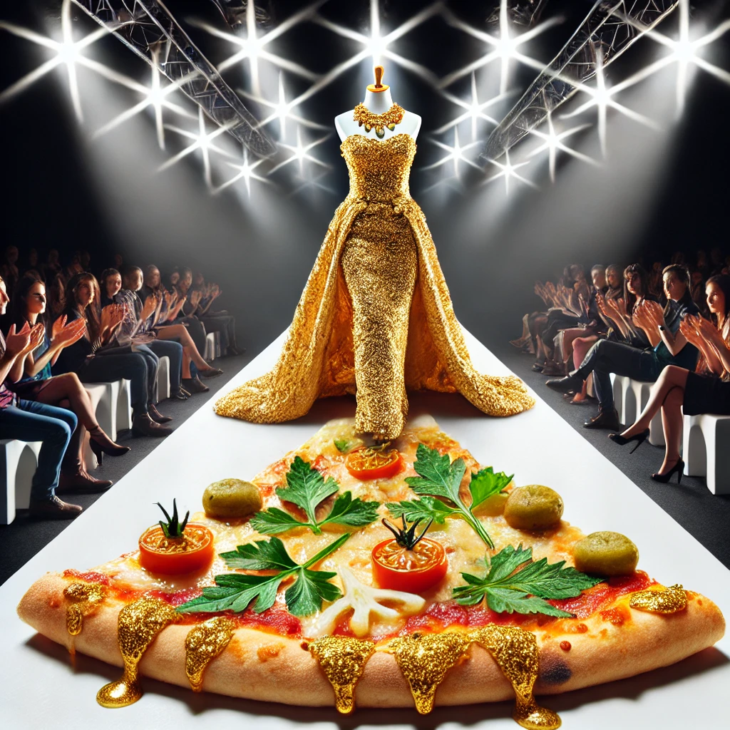 A whimsical pizza slice styled as a high-fashion model, with elegant toppings and flowing cheese, strutting down a runway with bright spotlights and an audience.