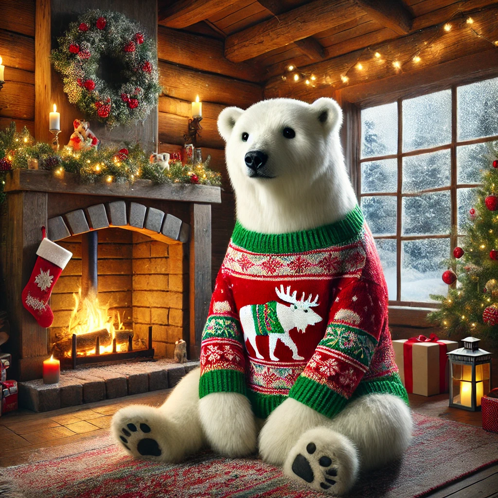 A realistic scene of a polar bear in a festive Christmas sweater sitting by a fireplace in a snowy wooden cabin, decorated for the holidays.