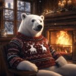 A cozy wooden cabin with a polar bear wearing a festive Christmas sweater sitting by a glowing fireplace, surrounded by holiday decorations.