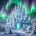 A realistic image of a frozen castle glowing under the northern lights in a snowy winter landscape