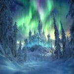 A frozen castle in a winter landscape illuminated by the vibrant northern lights under a snowy sky.