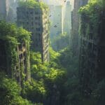 A post-apocalyptic city covered in greenery, with overgrown skyscrapers, cracked streets filled with wildflowers, and wildlife roaming freely under soft sunlight.