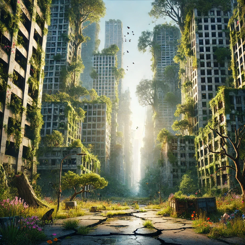 A post-apocalyptic urban landscape overtaken by nature, with lush greenery covering skyscrapers, cracked streets filled with grass and flowers, and wildlife reclaiming the city.