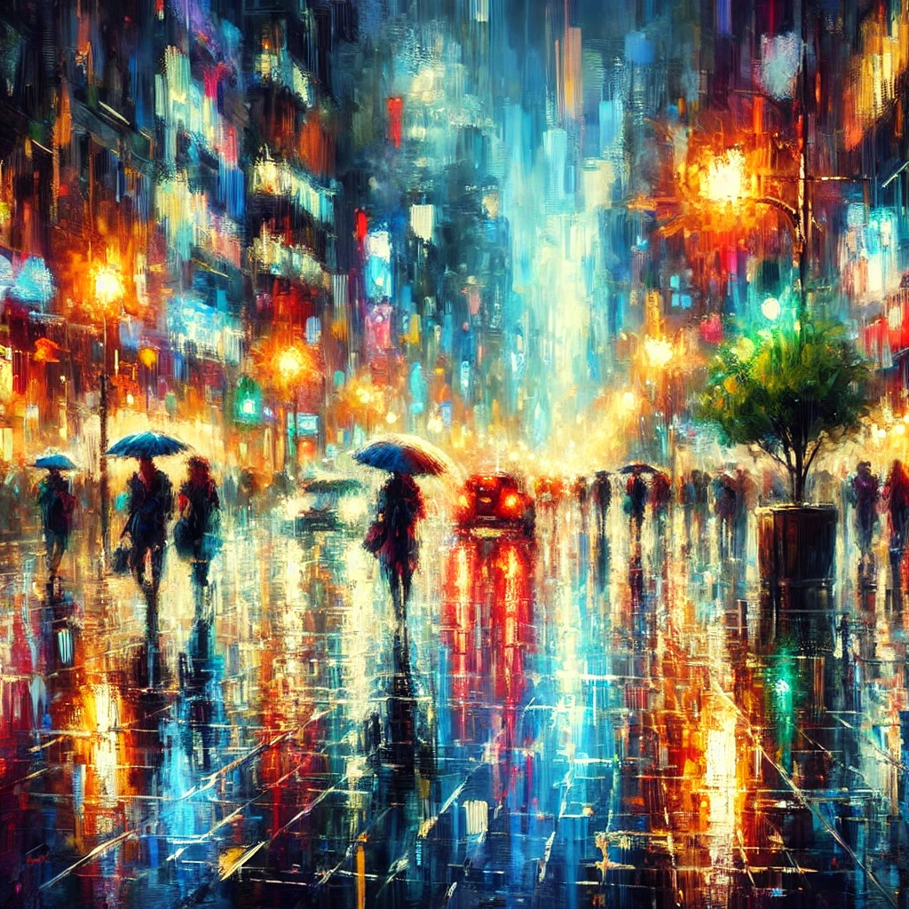 A rainy city scene with shimmering reflections on streets, vibrant lights, and blurred figures in an impressionistic style.