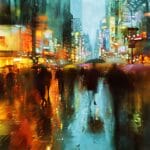 A rainy cityscape with glistening streets, blurred pedestrians, and colorful light reflections creating an impressionistic effect.