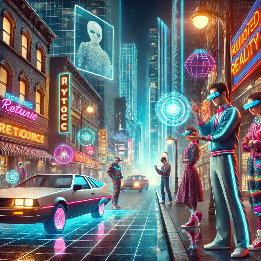 A vibrant retro-futuristic scene of a neon-lit city combining 1980s fashion and modern technology.