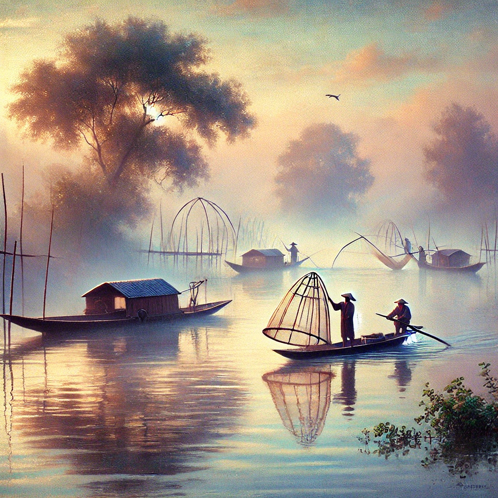 A tranquil river scene with morning mist, fishermen, and pastel sunlight, painted in an Impressionist style.