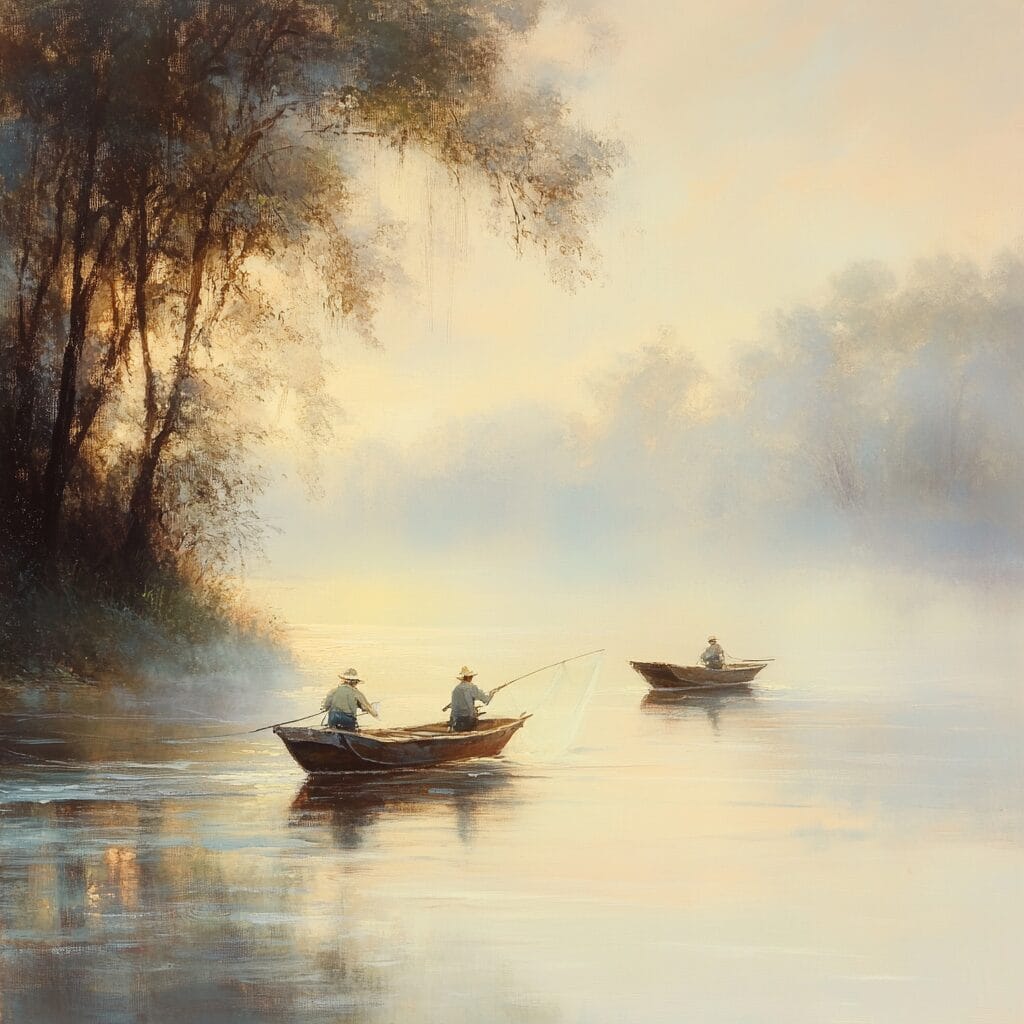 A peaceful morning river with mist rising, fishermen on boats, and warm pastel sunlight reflecting on the water.