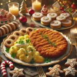 A realistic scene of a festive meal featuring schnitzel, potato salad, and a selection of Christmas cookies.