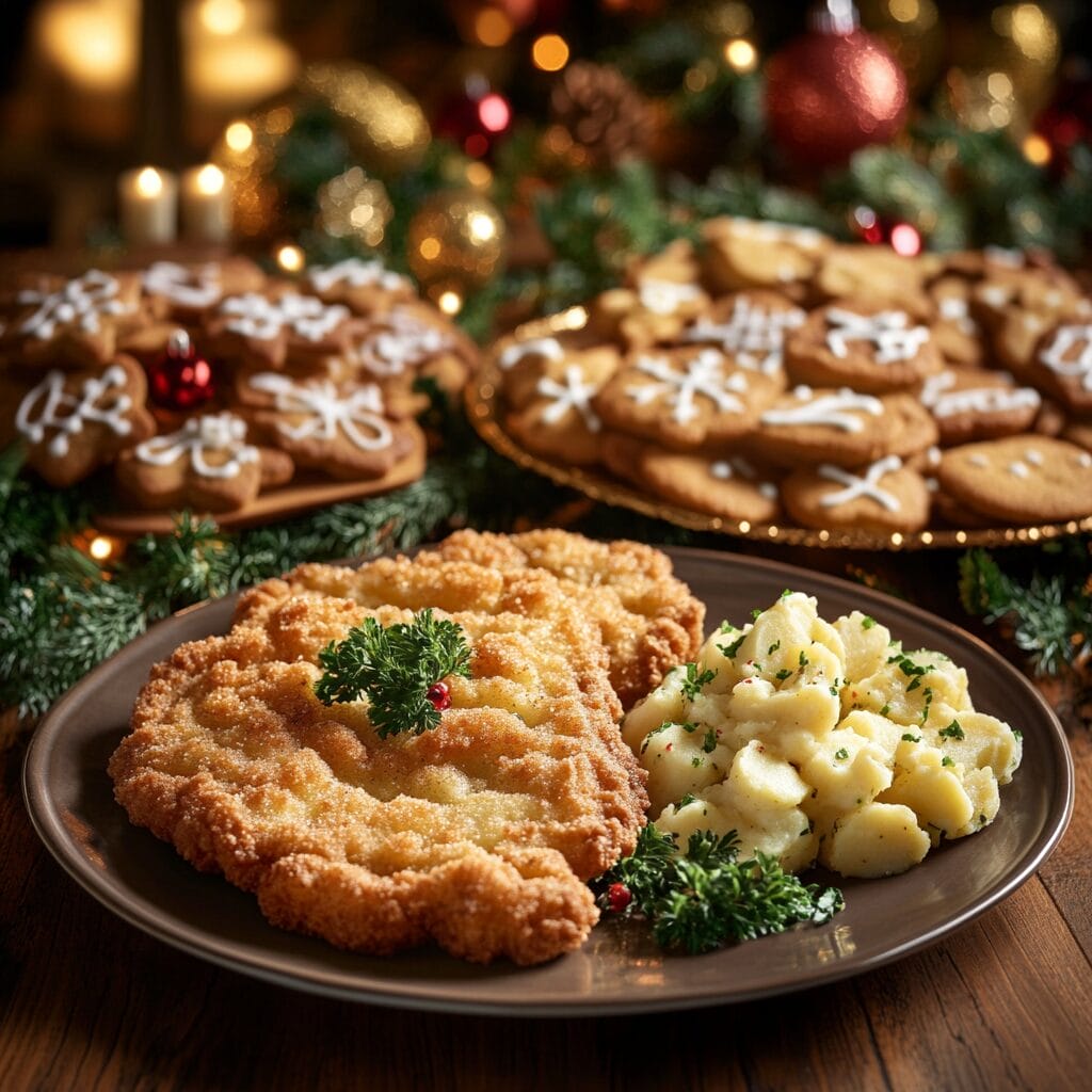 A festive Christmas table with a golden schnitzel, creamy potato salad, and a spread of holiday cookies