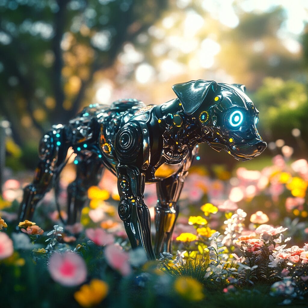 A robotic dog with a sleek design and glowing features, playing in a park filled with bioluminescent flowers and futuristic glass-like trees under soft sunlight.