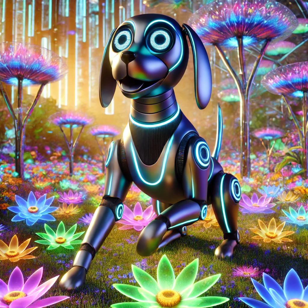 A metallic robotic dog with glowing accents, joyfully running in a futuristic park surrounded by bioluminescent flowers and glass-like trees, bathed in soft sunlight.