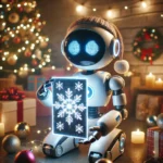 A cheerful robot with a sleek metallic finish holding a glowing Christmas card, surrounded by festive holiday decorations in a cozy indoor space.