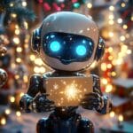 A cheerful robot with a sleek metallic finish holding a glowing Christmas card, surrounded by festive holiday decorations in a cozy indoor space.