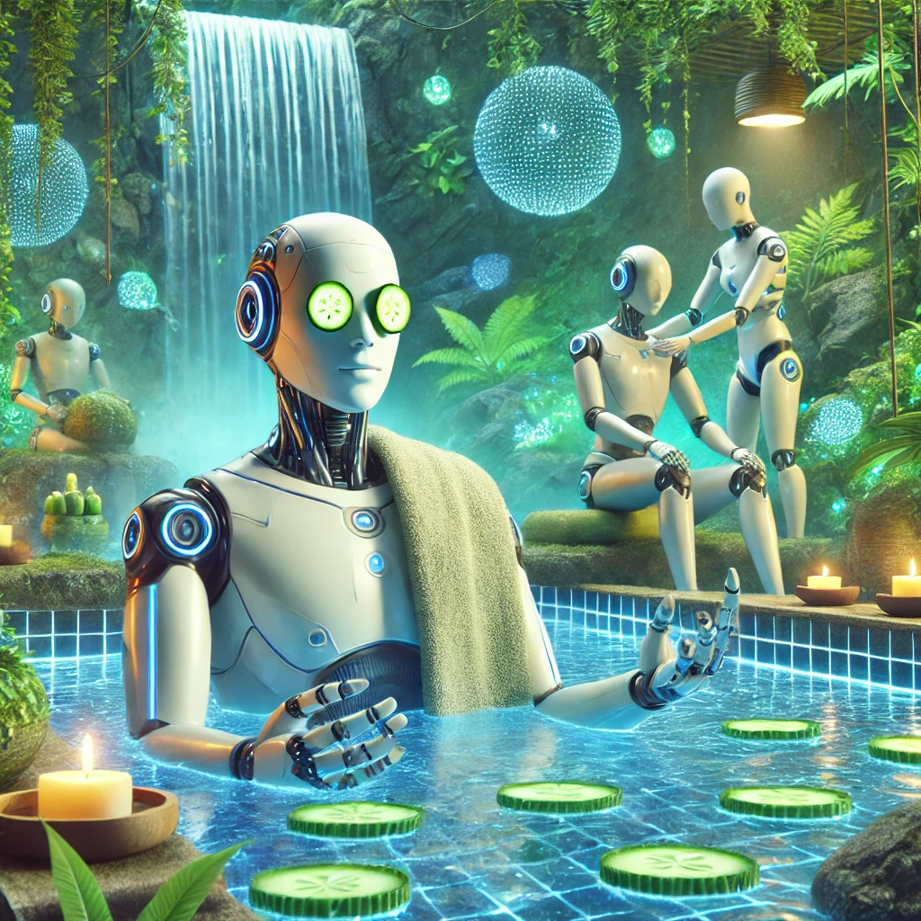 A humanoid robot in a spa retreat, sitting in a hot spring with glowing plants, wearing a towel and cucumber slices on its digital eyes, with a tranquil waterfall in the background.