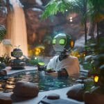 A humanoid robot relaxing in a steaming hot spring, surrounded by glowing plants, with a towel over its shoulders and cucumber slices on its eyes, in a tranquil spa setting.