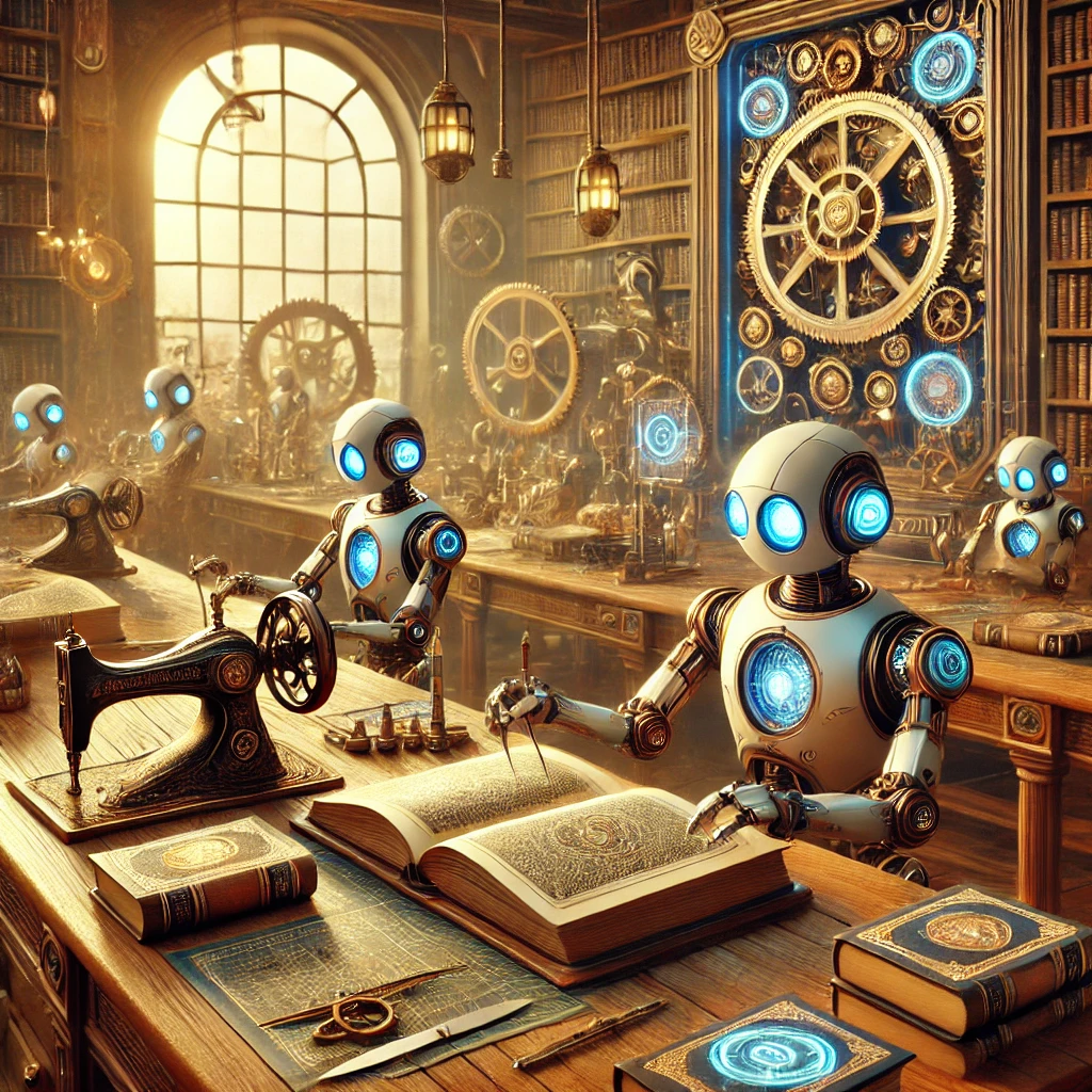 A cozy workshop filled with small, vintage-style robots binding books, surrounded by stacks of leather-bound books, wooden tables, and glowing holographic tools.