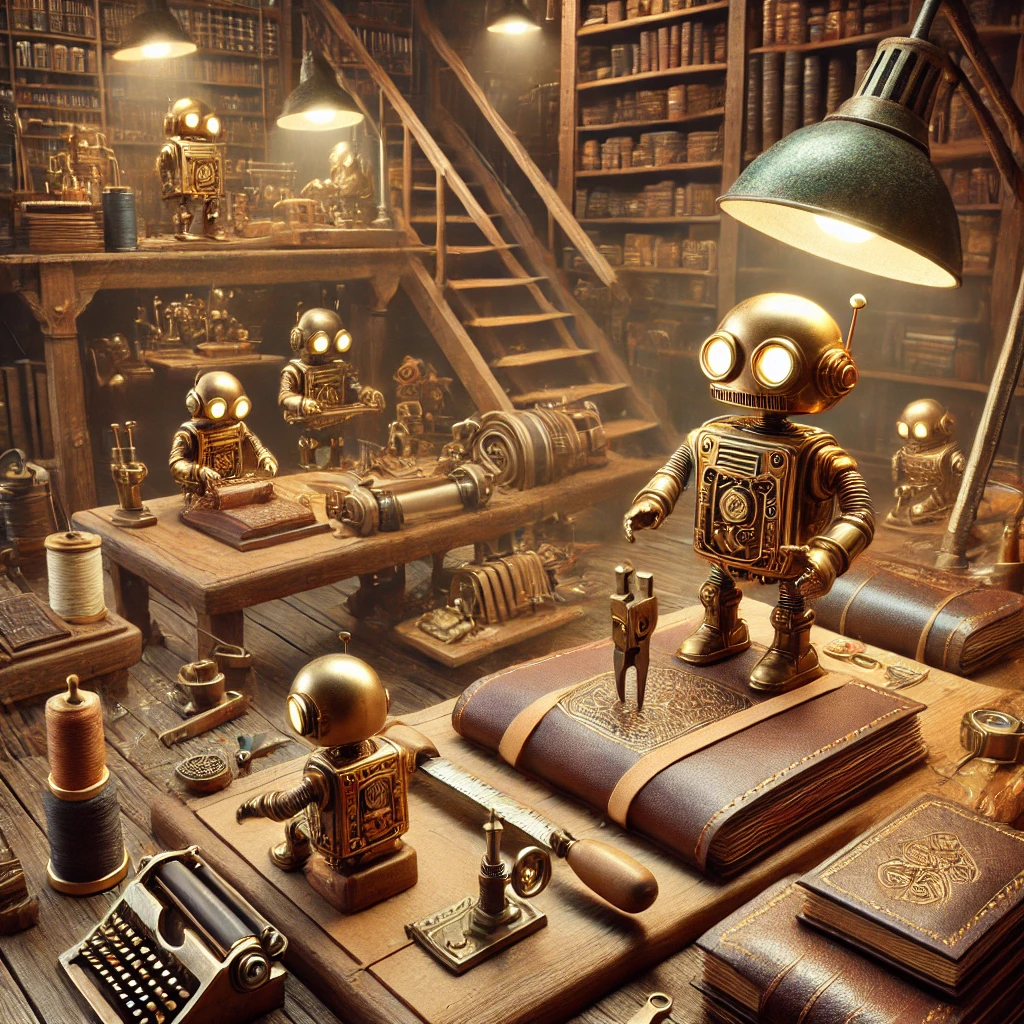 A cozy bookbinding workshop run by small, steampunk-style robots, surrounded by books and vintage tools.