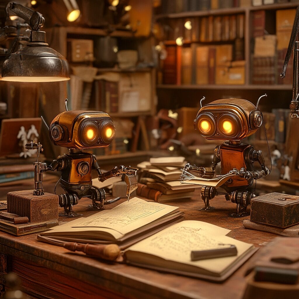 A cozy bookbinding workshop run by small, steampunk-style robots, surrounded by books and vintage tools.