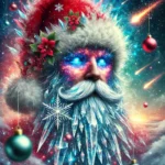 A surreal portrayal of Santa Claus with a glowing crystalline beard, swirling galaxy eyes, and a hat that transforms into a starry sky, set against a dreamy, festive background.