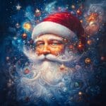 A surreal portrait of Santa Claus with a crystalline glowing beard, galaxy-like eyes, and a hat transitioning into a starry night sky, surrounded by festive, ethereal lights.