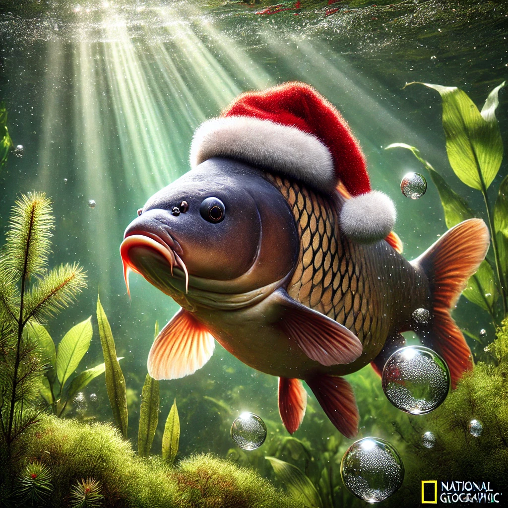 A photorealistic scene of a common carp wearing a Santa hat underwater, with lush aquatic plants and sunlit water.