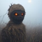 A rotting scarecrow with glowing red eyes standing ominously in a dense, foggy field under faint moonlight.