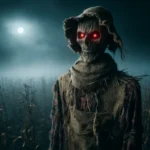 A tattered scarecrow with glowing red eyes and a burlap sack head standing in a foggy field, illuminated by moonlight.