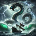 A stormy sea battle between a giant sea serpent and a ship, with lightning illuminating the dramatic clash.