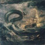 A giant sea serpent clashing with a ship on stormy waves, illuminated by lightning in an intense mythical battle.