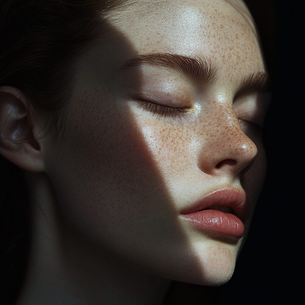 A hyper-realistic portrait of a woman with half-lit face, dramatic shadows, and an enigmatic expression.