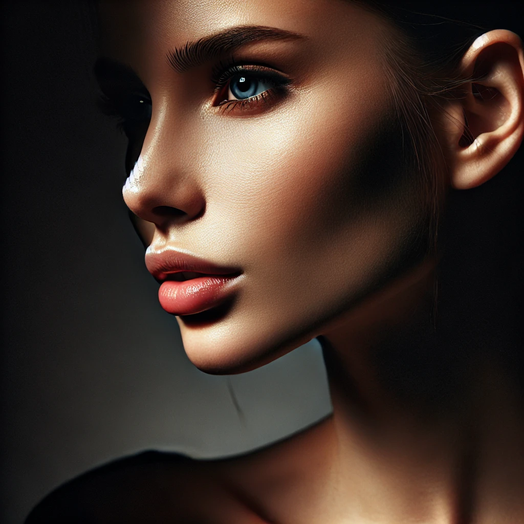 A photorealistic portrait of a woman’s face half-lit by soft, directional light, with dramatic shadows and flawless skin.