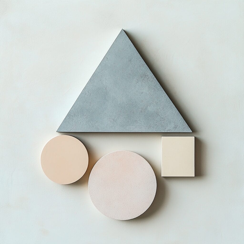 A minimalist arrangement of a triangle, circle, and square in muted colors, perfectly balanced on a plain background.