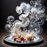 A dish emitting delicate, aromatic smoke with intricate edible sculptures rising in vibrant colors and fine detail.