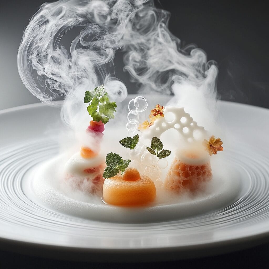 A molecular dish with swirling aromatic smoke and detailed edible sculptures rising artistically from the plate.