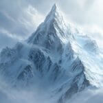 A towering snow-covered mountain peak with swirling icy winds, frost-covered rocks, and drifting snowflakes.