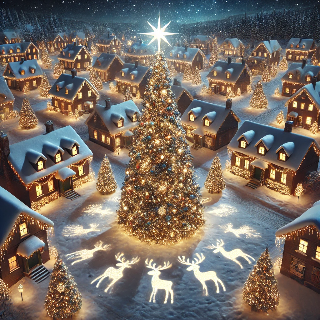 A snowy village seen from above, featuring giant Christmas trees with colorful lights and festive light projections on the snow.